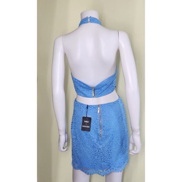 NBD x Naven Cut Out Lace Halter Backless Mini Dress Size M Blue Romantic Luxe - Picture 4 of 11
